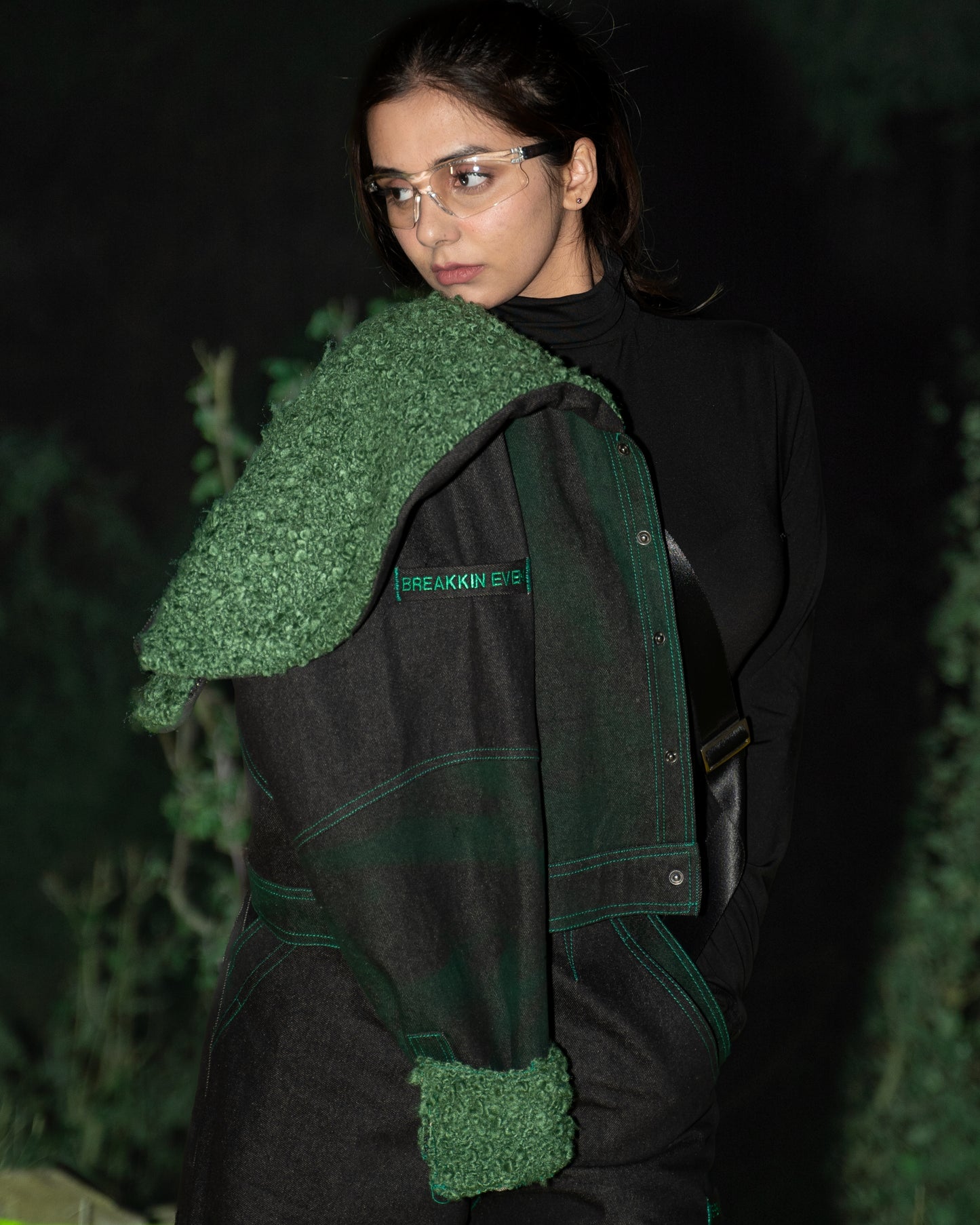 Cropped Panelled Green Denim Jacket - AS