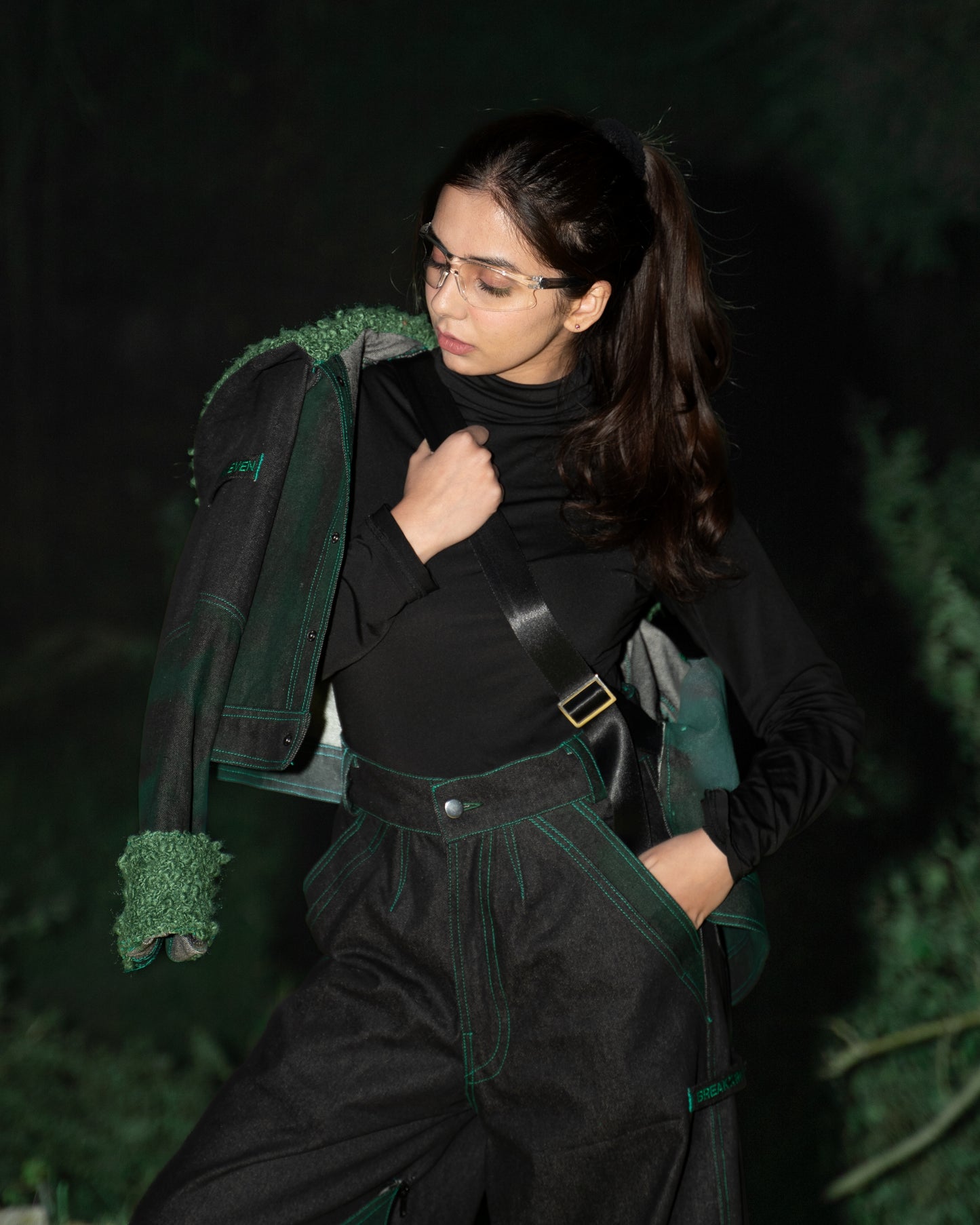 Cropped Panelled Green Denim Jacket - AS