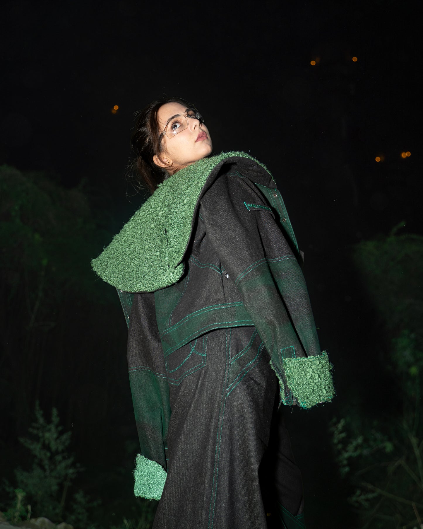 Cropped Panelled Green Denim Jacket - AS