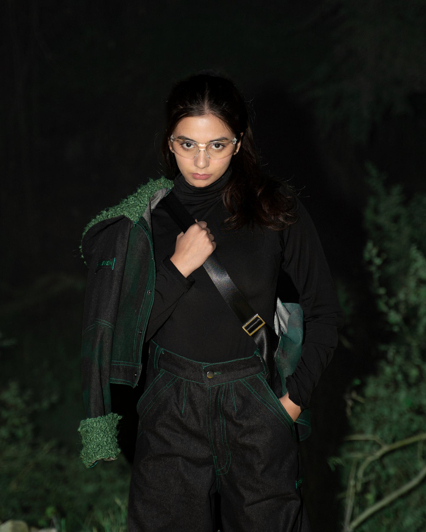 Cropped Panelled Green Denim Jacket - AS