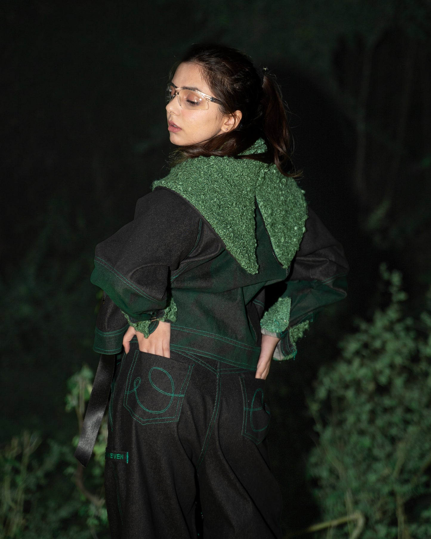 Cropped Panelled Green Denim Jacket - AS