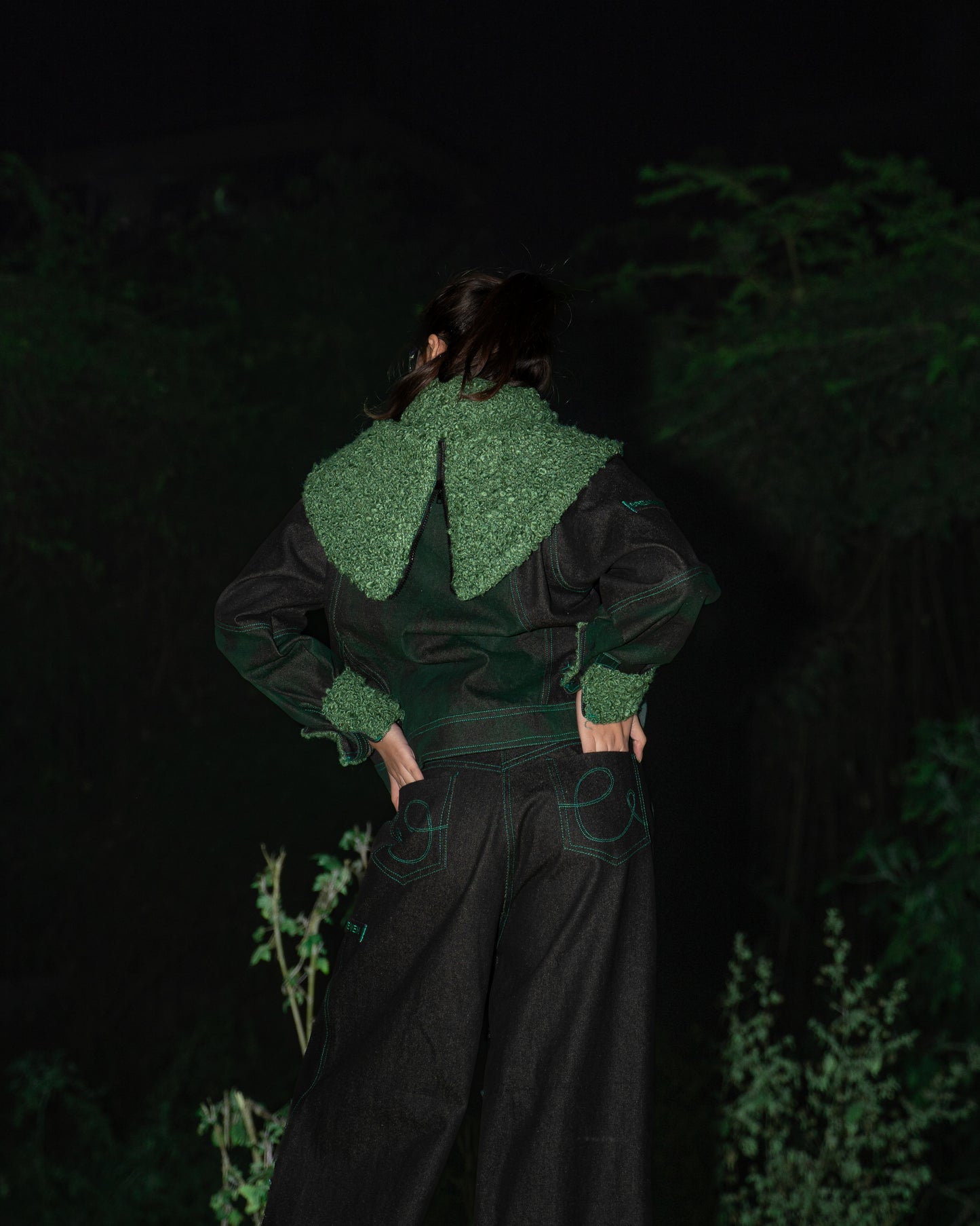 Cropped Panelled Green Denim Jacket - AS