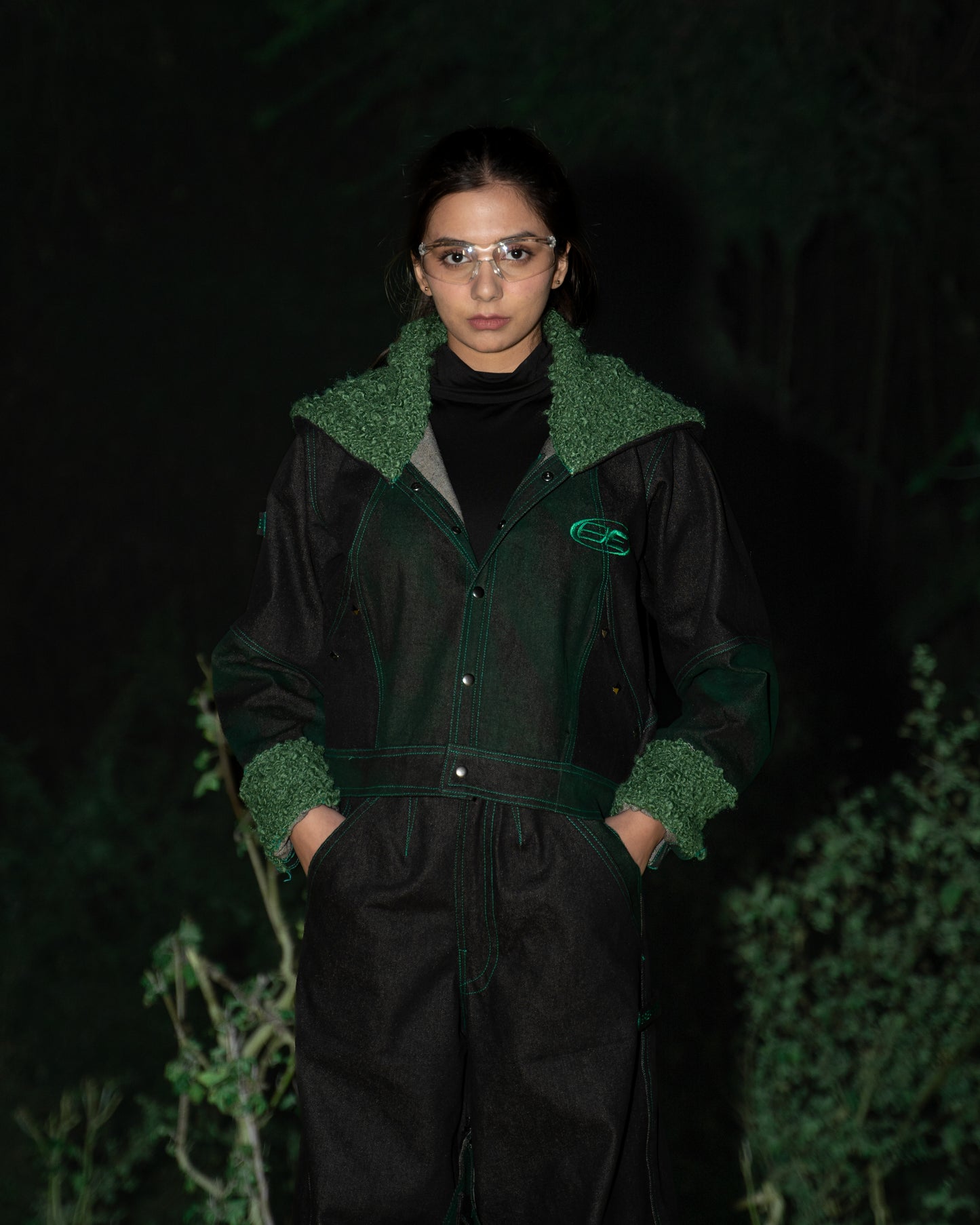 Cropped Panelled Green Denim Jacket - AS
