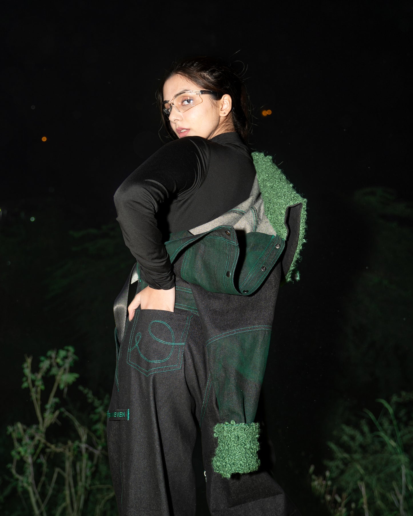 Cropped Panelled Green Denim Jacket - AS