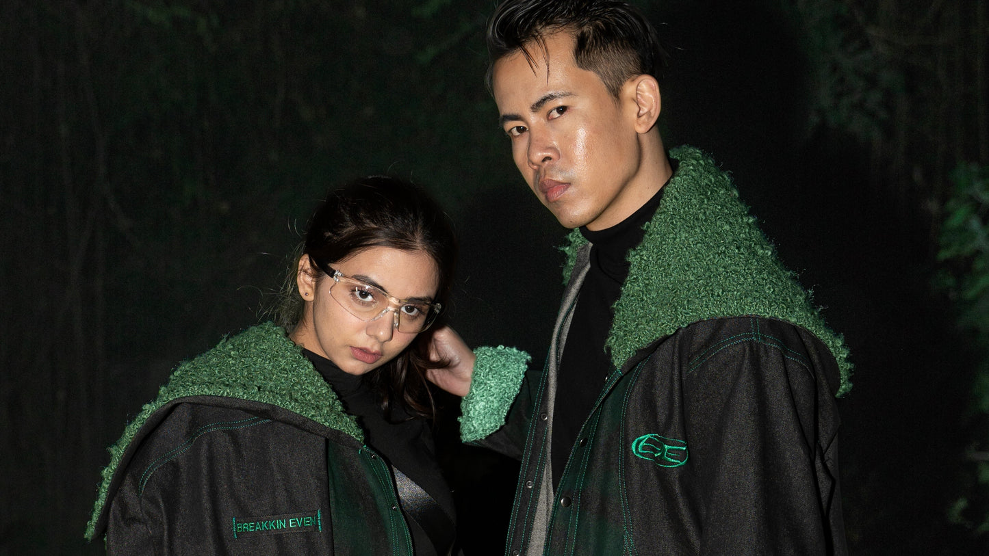 Cropped Panelled Green Denim Jacket - AS