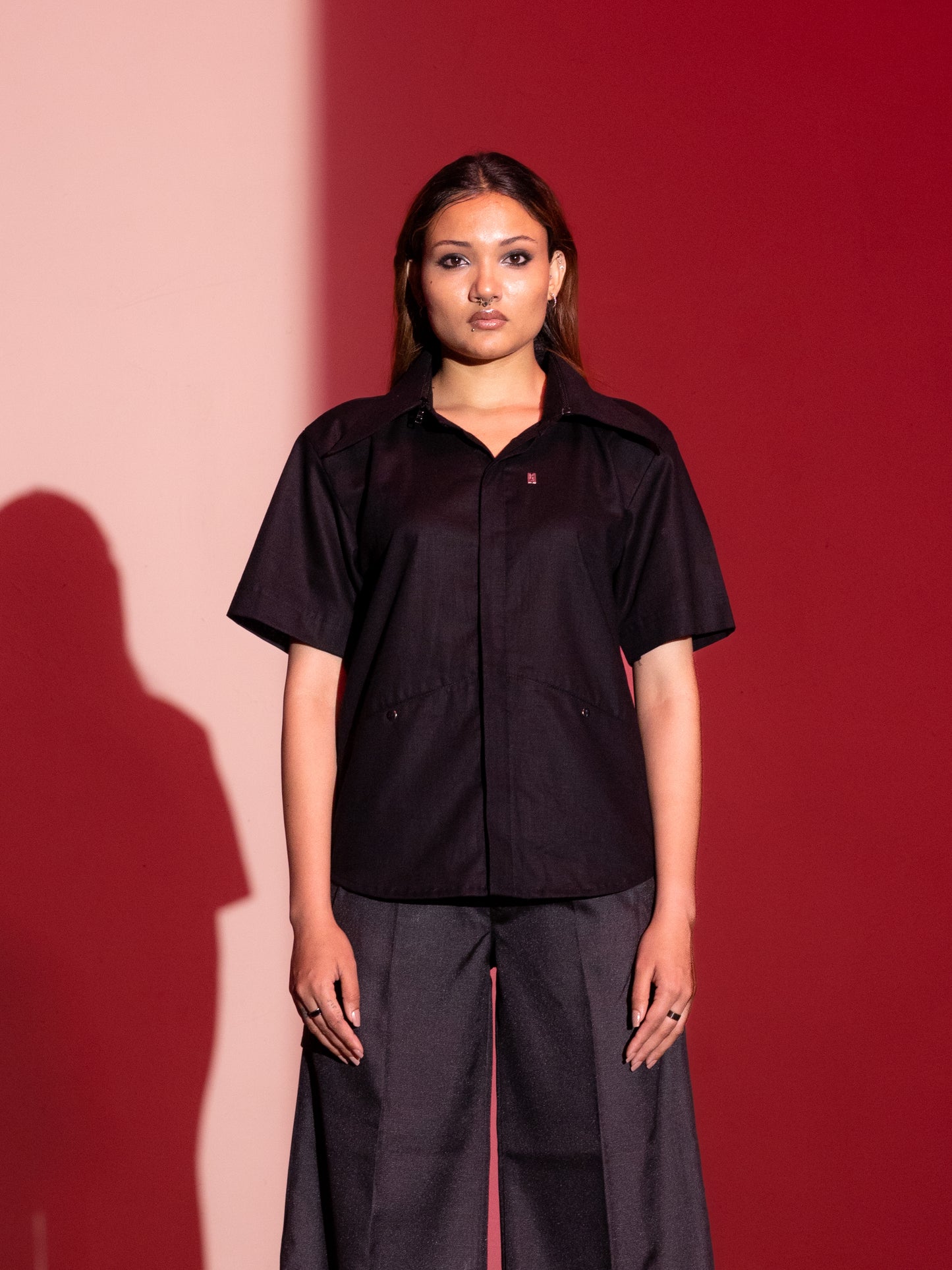 Linen Shirt with Removable Collar - Black