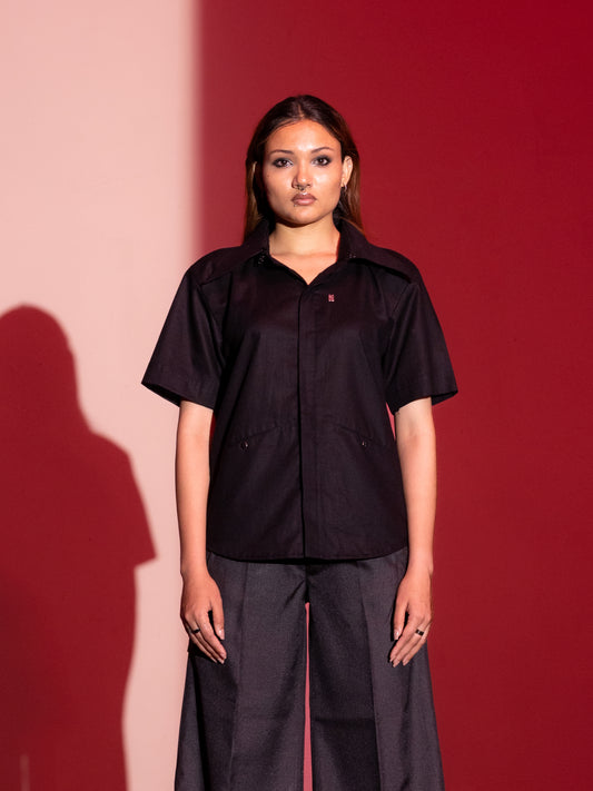 Linen Shirt with Removable Collar - Black