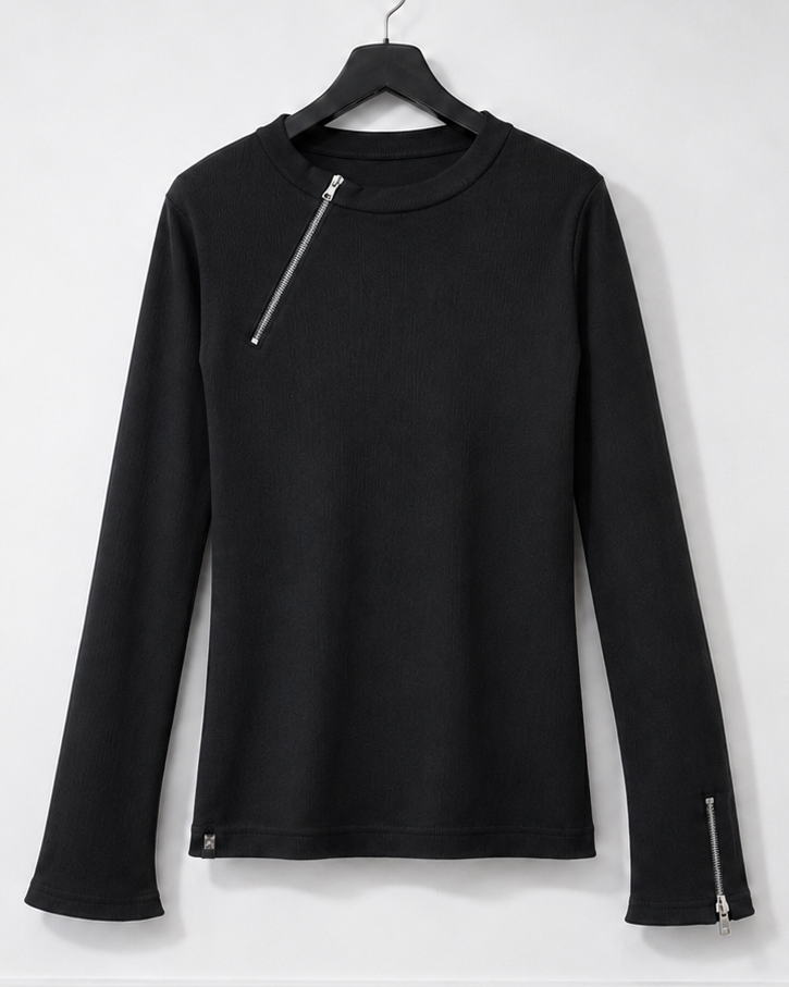 A black long-sleeve knit top with an asymmetrical zipper at the collar and a small silver zipper detail on the lower sleeve