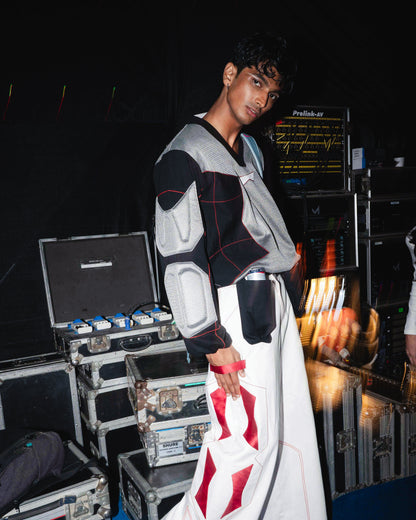 Model  backstage at the BUDXNBAHOUSE fashion show wearing Silver Black Patchwork T-Shirt