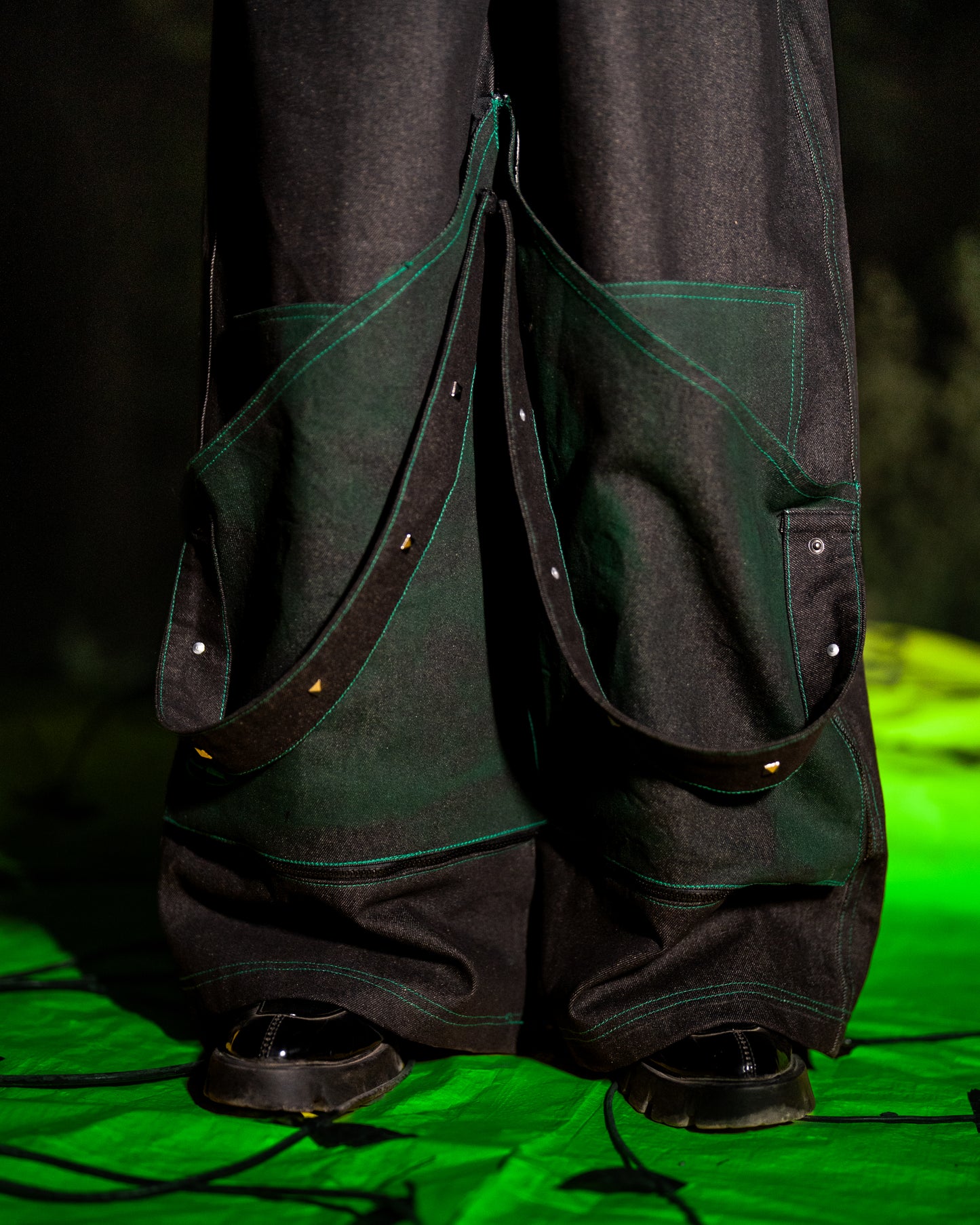 Green Denim Jeans with Removable Panels